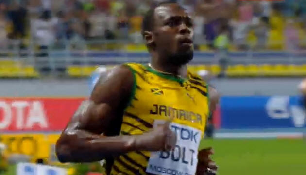 Болт и молния в финале бега на 100 метров. 14-й чемпионат мира по легкой атлетике в Москве. Автор фото председатель НСНБР А.Г.Огнивцев.